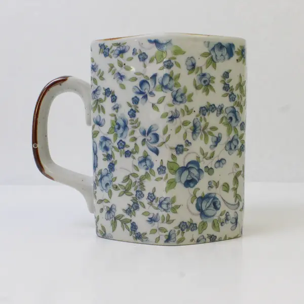 Unbranded Blue Floral Patterned Ceramic Hexagon Shaped  Mug W/ Handle 4" Tall
