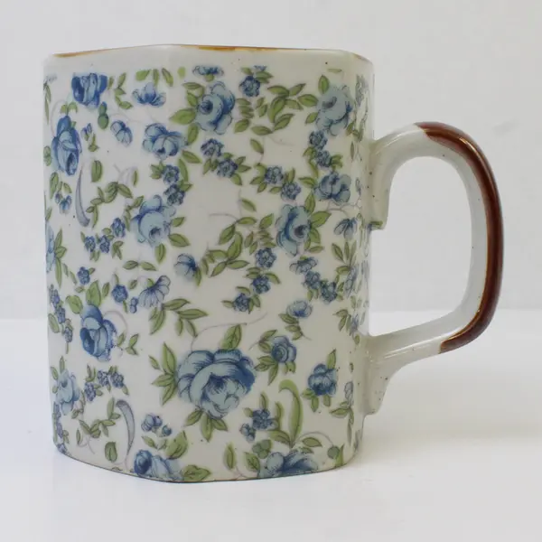 Unbranded Blue Floral Patterned Ceramic Hexagon Shaped  Mug W/ Handle 4" Tall