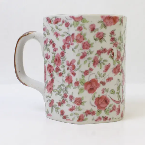 Unbranded Pink Floral Patterned Ceramic Hexagon Shaped  Mug W/ Handle 4" Tall