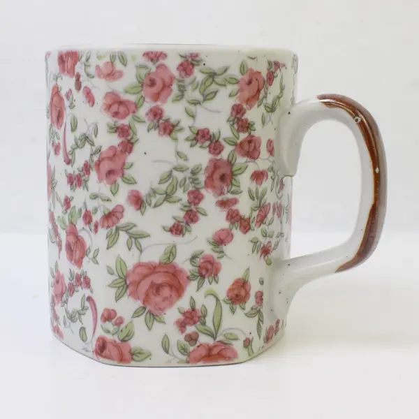 Unbranded Pink Floral Patterned Ceramic Hexagon Shaped  Mug W/ Handle 4" Tall