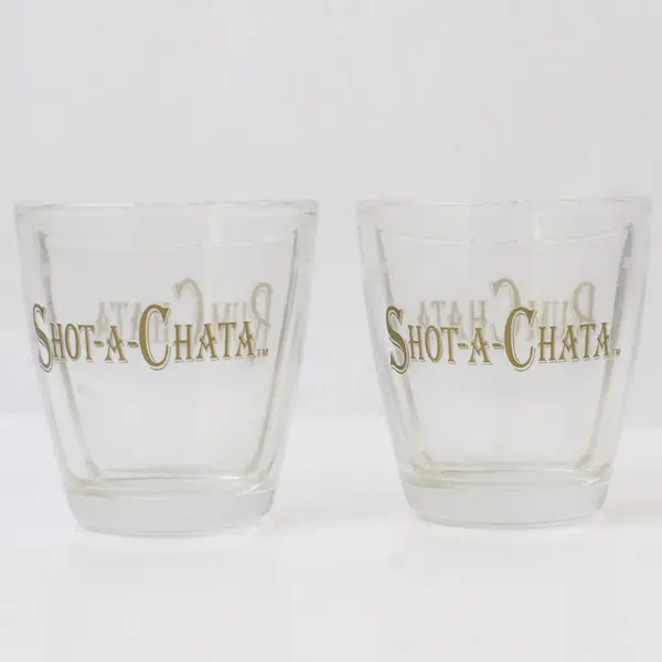 Lot Of 2 Rum Chata Clear Glass "Shot-A-Chata" Split Shot Glasses 2.5" Tall