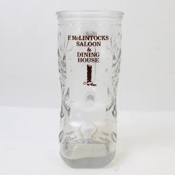 E. McLintocks Saloon & Dining House Printed Clear Glass Boot Beer Mug 6" Tall