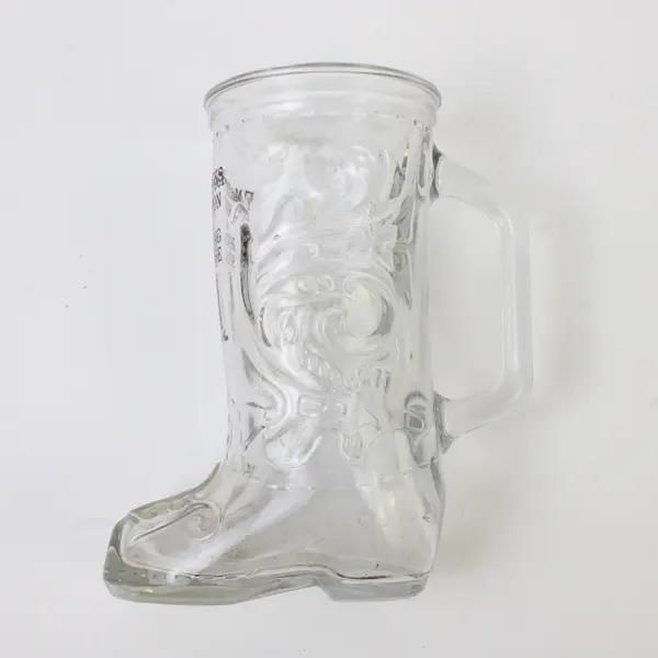E. McLintocks Saloon & Dining House Printed Clear Glass Boot Beer Mug 6" Tall