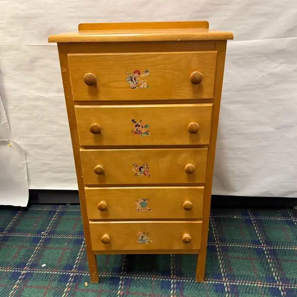 Vintage Light Wood 5 Drawer Dresser With Decals- Local Pickup Only