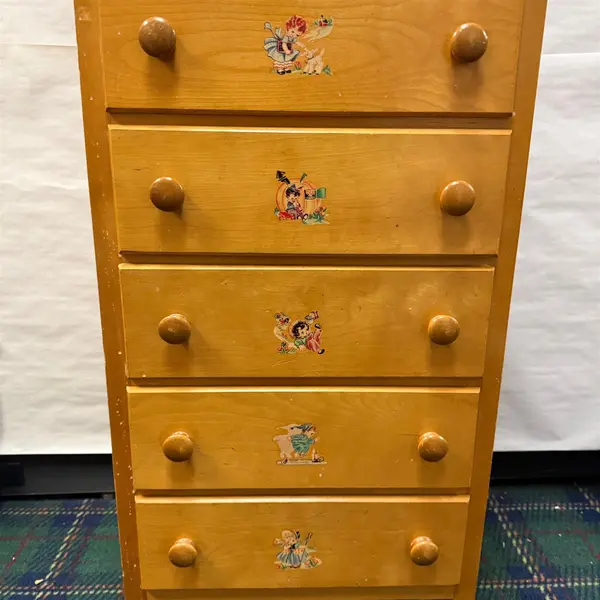 Vintage Light Wood 5 Drawer Dresser With Decals- Local Pickup Only