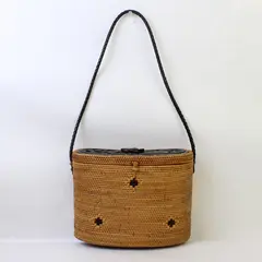 Vintage Woven Rattan Handbag Carved Wood Floral Lid Twisted Leather Handle