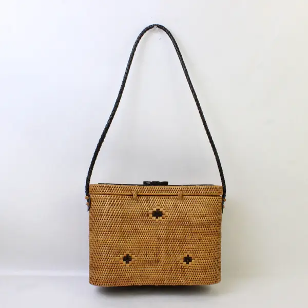 Vintage Woven Rattan Handbag Carved Wood Floral Lid Twisted Leather Handle