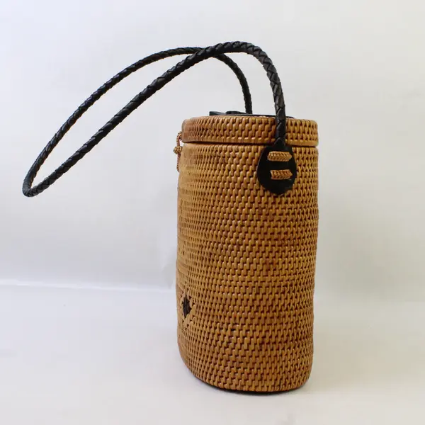 Vintage Woven Rattan Handbag Carved Wood Floral Lid Twisted Leather Handle