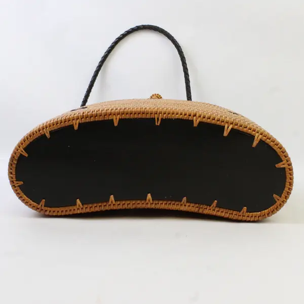 Vintage Woven Rattan Handbag Carved Wood Floral Lid Twisted Leather Handle