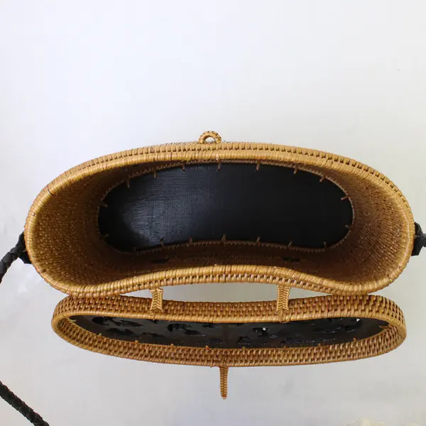 Vintage Woven Rattan Handbag Carved Wood Floral Lid Twisted Leather Handle