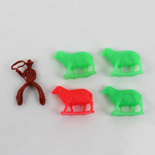 Lot of 5 Vintage Plastic Toys - 3 Green Sheep, 1 Red Sheep & Brown Cowboy