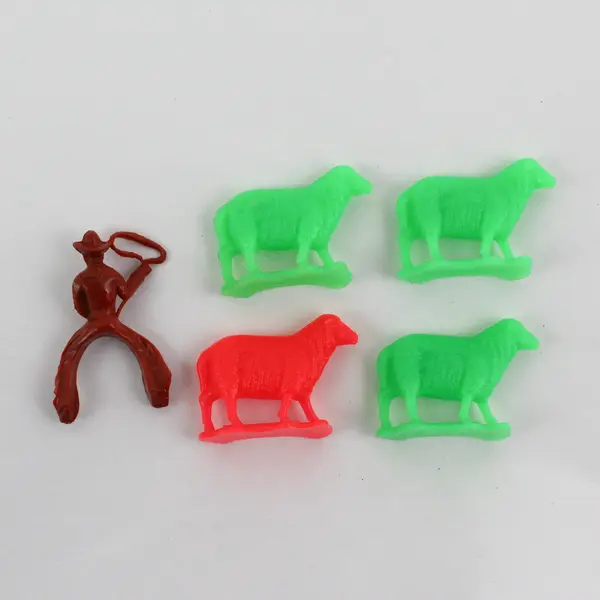 Lot of 5 Vintage Plastic Toys - 3 Green Sheep, 1 Red Sheep & Brown Cowboy