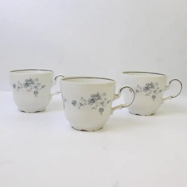 Lot Of 3 Johann Haviland Blue Garland Patterned Silver Trim Flat Cups 3.25" Tall