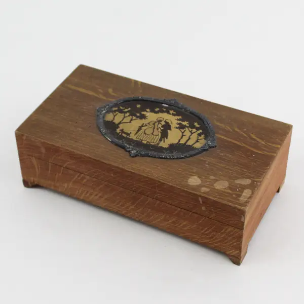 Vintage Wooden Jewelry Trinket Box Painted Silhouette Georgian Couple with Dog