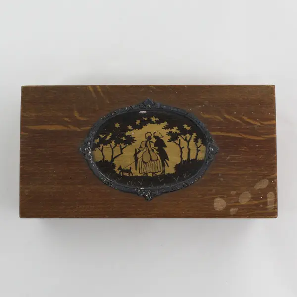 Vintage Wooden Jewelry Trinket Box Painted Silhouette Georgian Couple with Dog