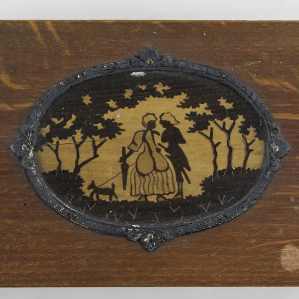 Vintage Wooden Jewelry Trinket Box Painted Silhouette Georgian Couple with Dog