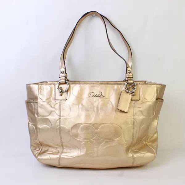 Coach Y2K Gallery Embossed Metallic Gold Leather East West Tote Handbag #F17730