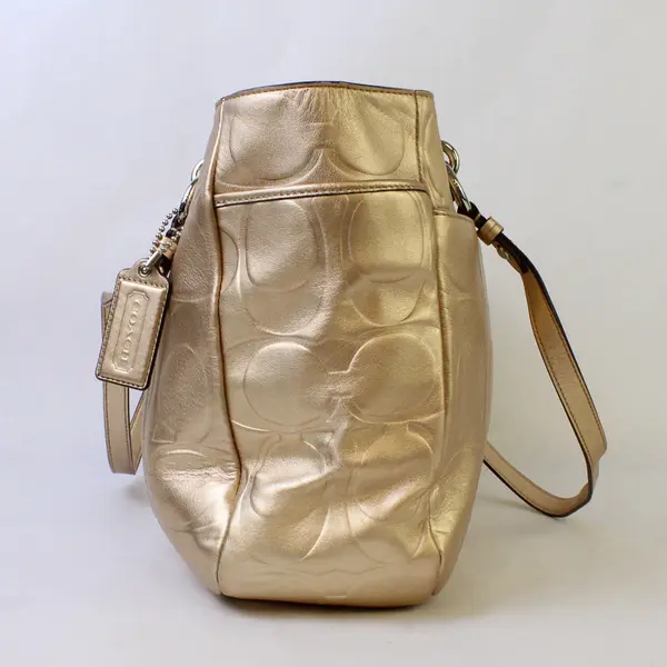Coach Y2K Gallery Embossed Metallic Gold Leather East West Tote Handbag #F17730