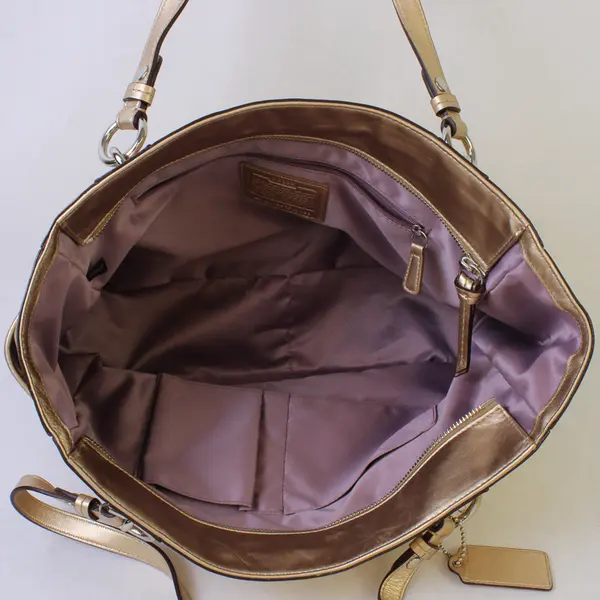 Coach Y2K Gallery Embossed Metallic Gold Leather East West Tote Handbag #F17730