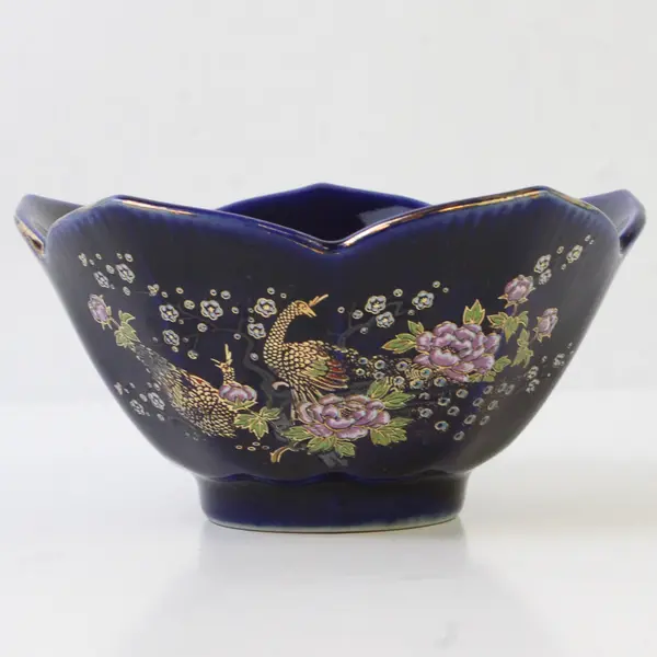 Unbranded Japanese Cobalt Blue Cherry Blossom Shaped Small Ceramic Bowl 4.75"