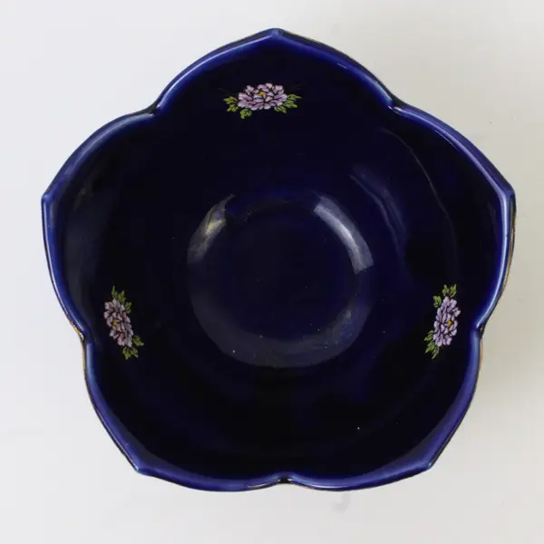 Unbranded Japanese Cobalt Blue Cherry Blossom Shaped Small Ceramic Bowl 4.75"