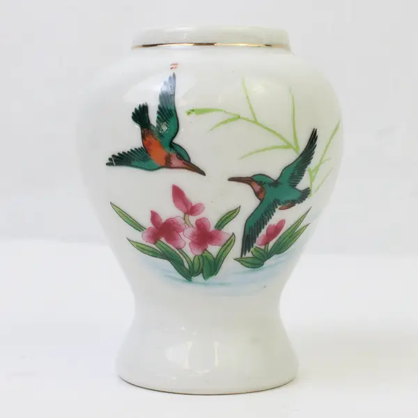 Unbranded White W/ Bird Print Ceramic Ginger Jar/Bud Vase No Lid 3.25" Tall