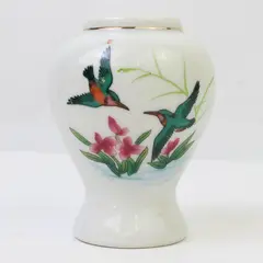 Unbranded White W/ Bird Print Ceramic Ginger Jar/Bud Vase No Lid 3.25" Tall