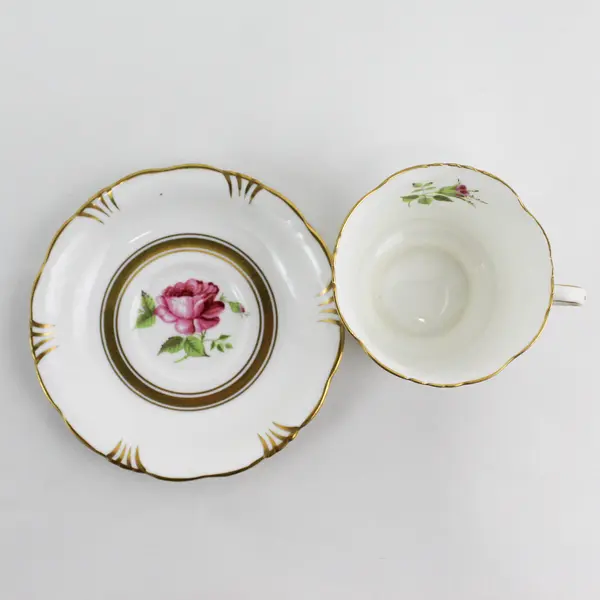 Collingwoods Bone China Cup And Saucer Set White Gold Trim Pink Rose