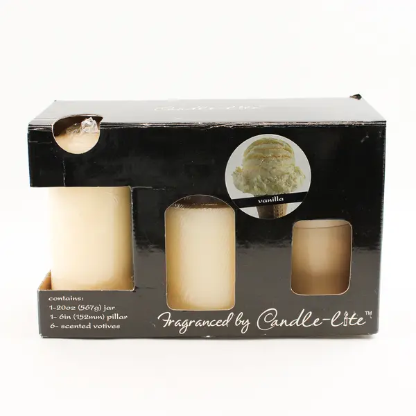Lot Of 4 Candle-Lite White Vanilla Scented Candles ( 20 Oz Jar And 3 Pillars)