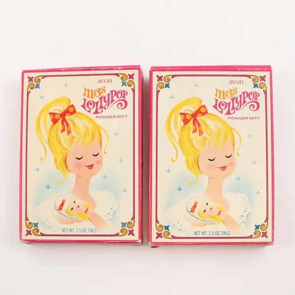 Lot Of 2 Vintage Avon Miss Lollypop Powder Mitt 2.5 Oz Talc (In Original Box)