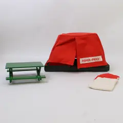 Vintage 1970s Fisher-Price Pop-Up Tent Adventure People + Green Picnic Bench