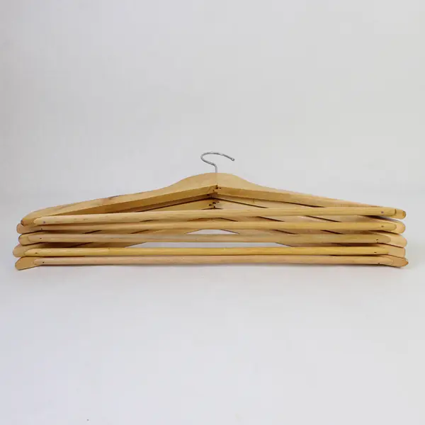 Lot of 5 Wood Hangers With Trouser Bar 17" Wide for Closet Organization