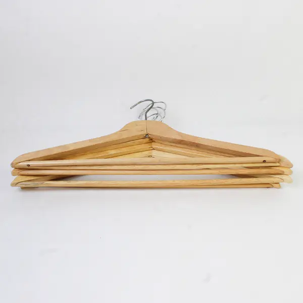 Lot of 5 Wood Hangers With Trouser Bar Standard Size for Closet Organization