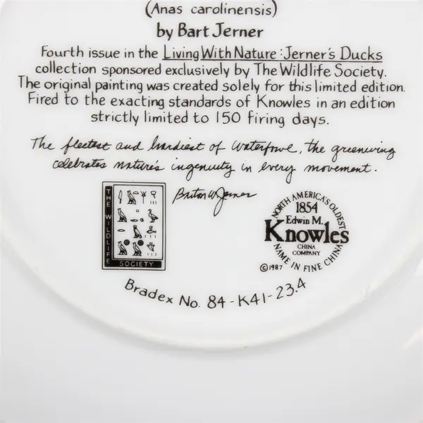 Edwin M Knowles 'The Green-Winged Teal' Bart Jerner 1987 Collector Plate