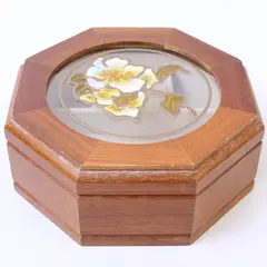Vintage Mele Wooden Octagon Jewelry Box - Hand-Painted Floral Glass Inlay Lid