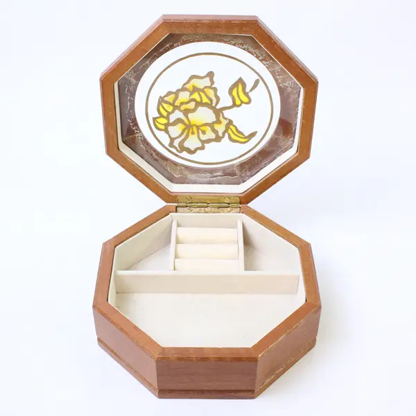 Vintage Mele Wooden Octagon Jewelry Box - Hand-Painted Floral Glass Inlay Lid
