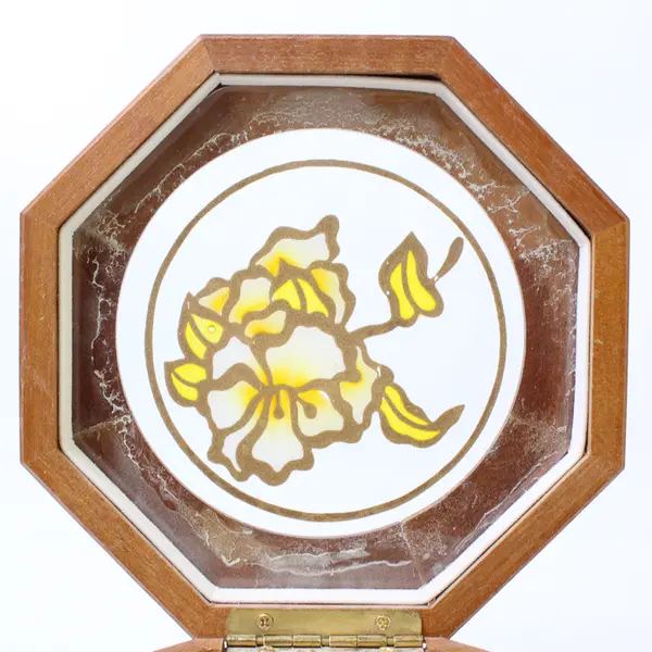 Vintage Mele Wooden Octagon Jewelry Box - Hand-Painted Floral Glass Inlay Lid