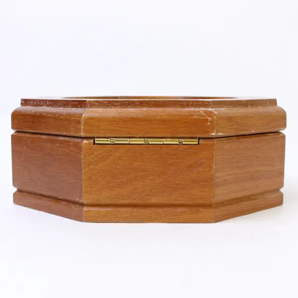 Vintage Mele Wooden Octagon Jewelry Box - Hand-Painted Floral Glass Inlay Lid