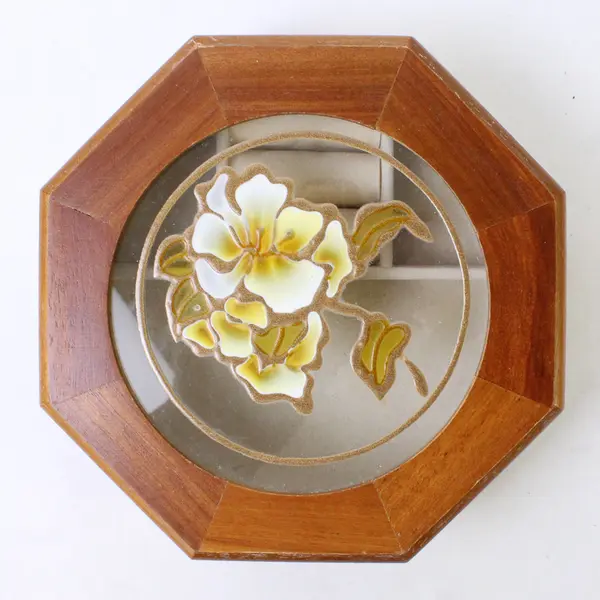 Vintage Mele Wooden Octagon Jewelry Box - Hand-Painted Floral Glass Inlay Lid