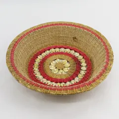 Vintage Handmade Woven Cowrie Shell Basket 11-3/4" Boho Decor