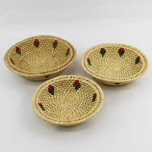 Lot of 3 Woven Straw Baskets with Red and Green Floral Accents