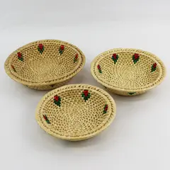 Lot of 3 Woven Straw Baskets with Red and Green Floral Accents