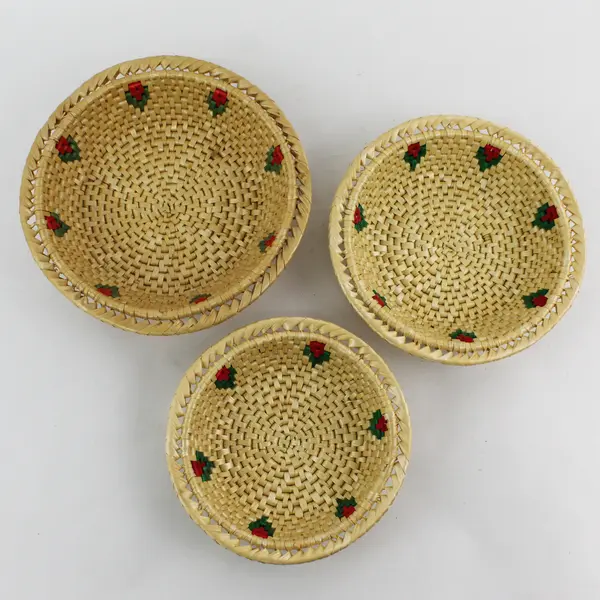 Lot of 3 Woven Straw Baskets with Red and Green Floral Accents