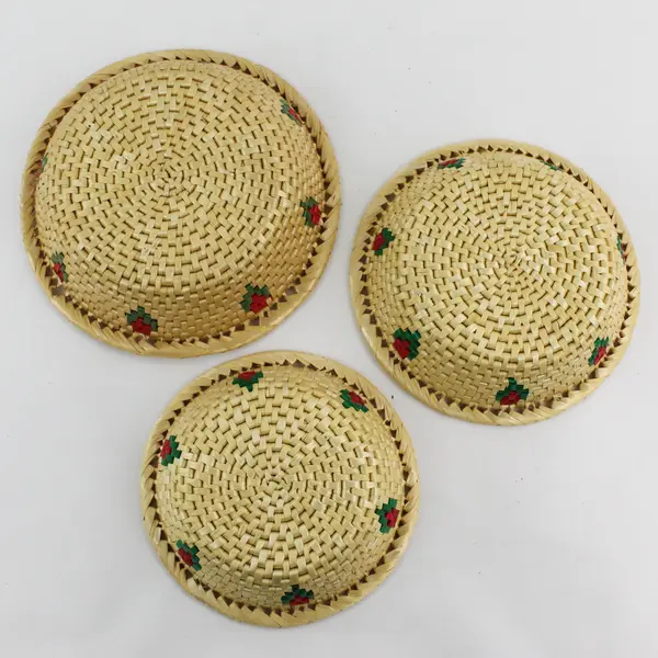Lot of 3 Woven Straw Baskets with Red and Green Floral Accents