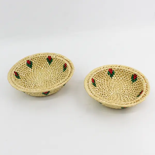 Lot of 3 Woven Straw Baskets with Red and Green Floral Accents