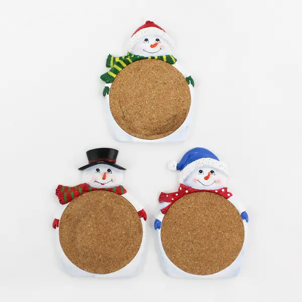 Set of 3 Ceramic Snowman Coasters w/ Cork Centers Holiday Gift