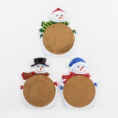 Set of 3 Ceramic Snowman Coasters w/ Cork Centers Holiday Gift