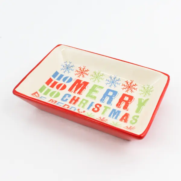 Ceramic Holiday Tray Reading  Ho Ho Ho Merry Christmas Red & Green 