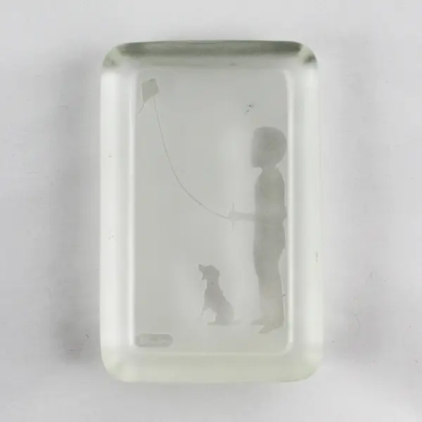 Glen Jones Etched Glass Paperweight Boy & Dog Flying Kite Collectible