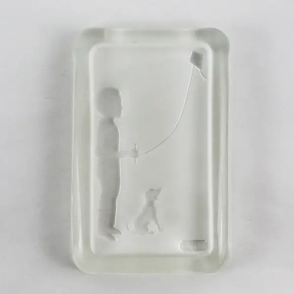 Glen Jones Etched Glass Paperweight Boy & Dog Flying Kite Collectible